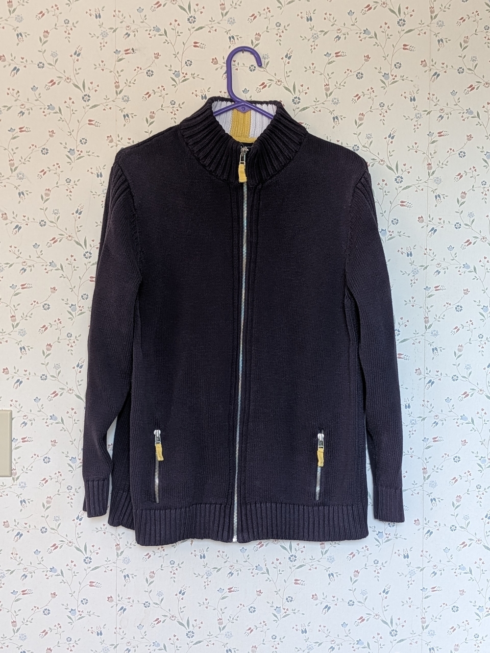 Lands End Sweater Dark Navy 1X Knit Full Zip Jacket Metal Pockets Cotton Cardi